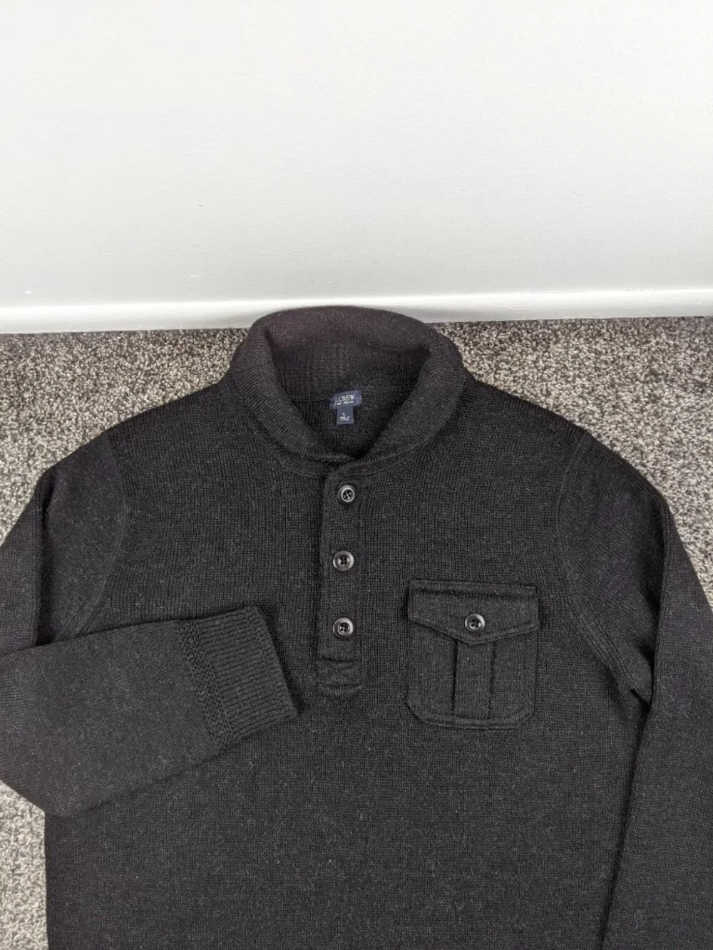 J Crew Sweater 100% Wool Shawl Polo 1/4 Button Black Gray Mens Large